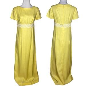 Vintage 60s Butter Yellow Maxi Gown Women XS Lace Retro Glam Regency Formal Prom